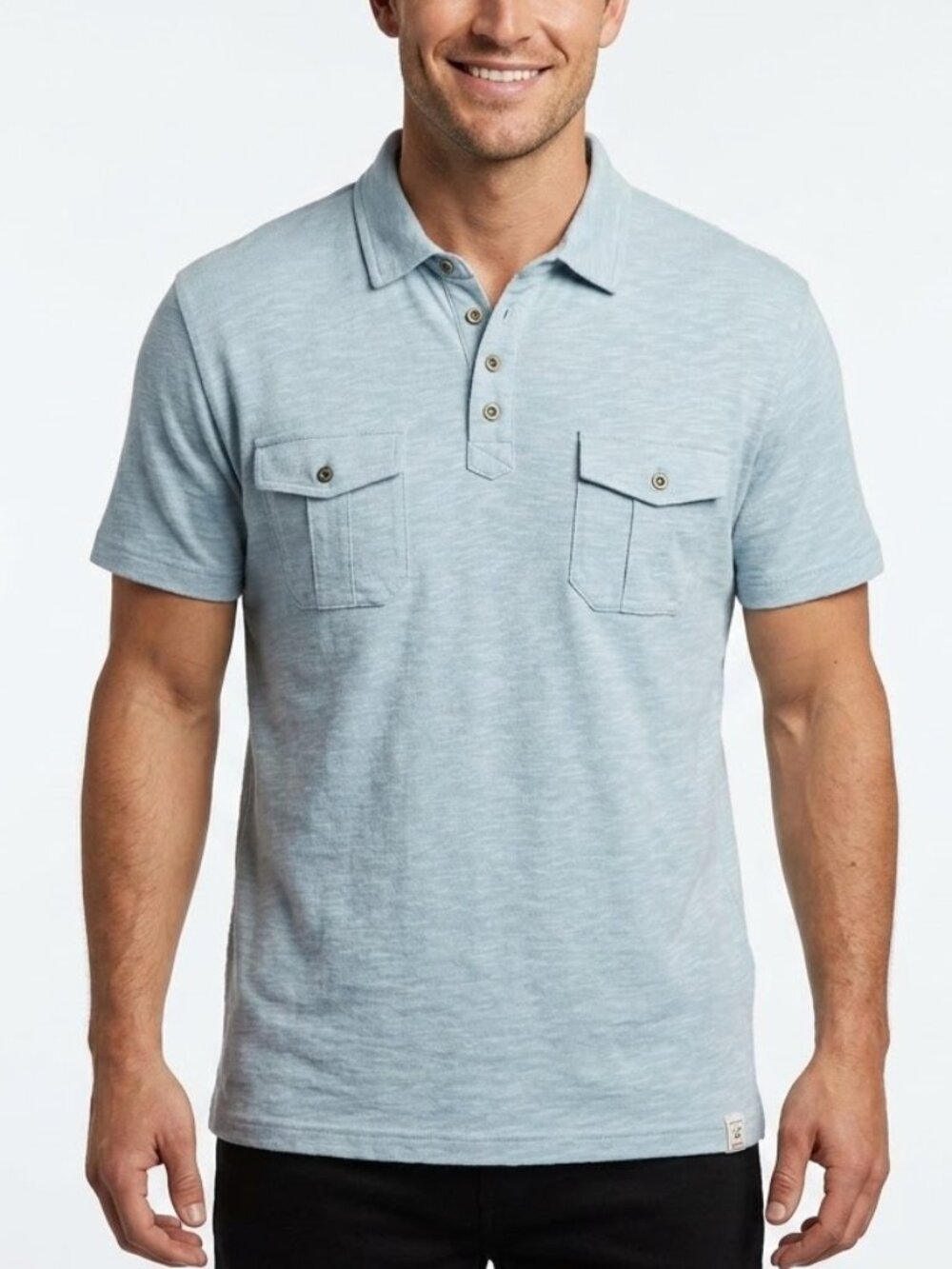 Lucky Brand Cotton Baby Blue Coastal Slub Knit Polo Dual Pocket Workwear Vibe M